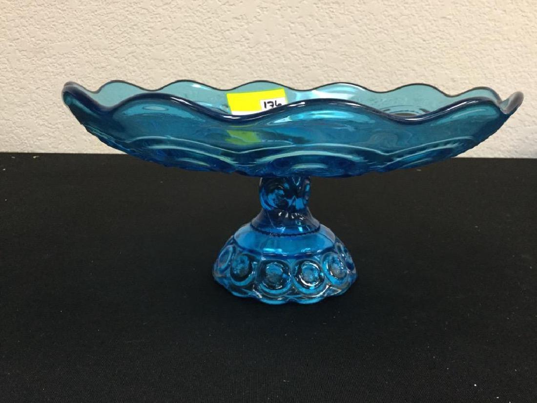 VINTAGE "MOON AND STARS" pattern BLUE 10" SCALLOP EDGE: VINTAGE "MOON AND STARS" pattern BLUE 10" SCALLOP EDGE FOOTED PEDESTAL CAKE PLATE. BEAUTIFUL, RARE AND STUNNING