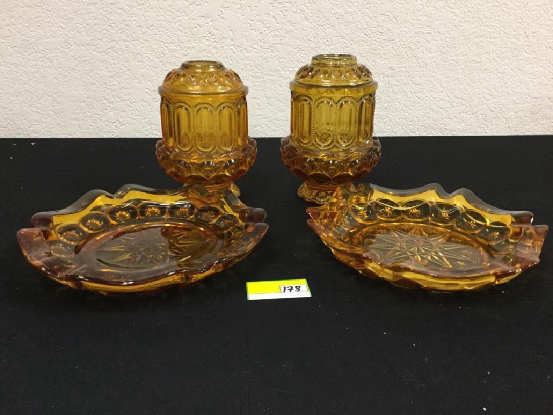 4 COUNT. VINTAGE "MOON AND STAR" 2 AMBER 8" ASHTRAYS: 4 COUNT. VINTAGE "MOON AND STAR" 2 AMBER 8" ASHTRAYS AND 2 AMBER FAIRY VOTIVE CANDLE JARS. BEAUTIFUL