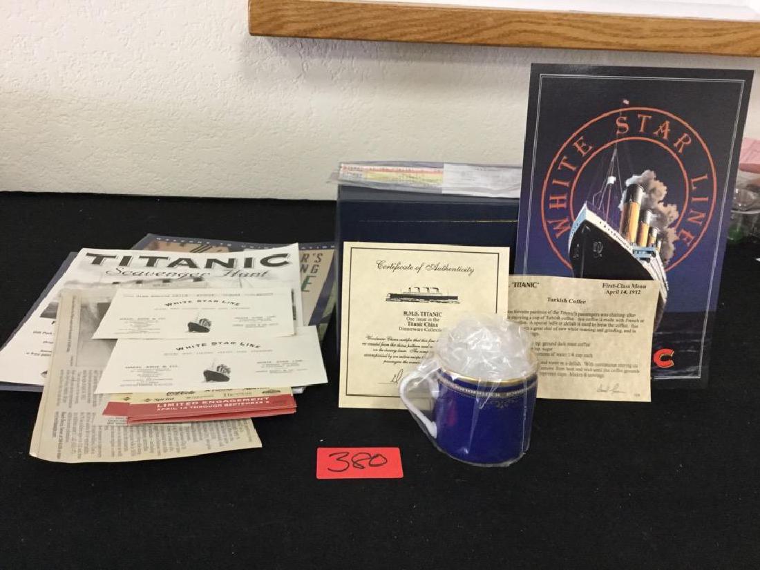 TITANIC MEMORABILIA FROM THE 2001 KANSAS CITY: TITANIC MEMORABILIA FROM THE 2001 KANSAS CITY EXHIBITION. CHINA TEA CUP REPLICA FROM THE "TITANIC CHINA DINNERWARE COLLECTION" COA, TICKETS, GUIDE AND MORE.