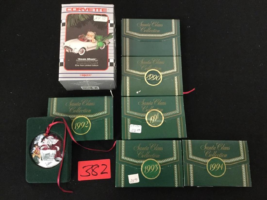 VINTAGE COLLECTIBLE CHRISTMAS ORNAMENTS. ONE ENESCO: VINTAGE COLLECTIBLE CHRISTMAS ORNAMENTS. ONE ENESCO "DREAM WHEELS" AND SIX B& G "THE SANTA CLAUS COLLECTION" MEDALLIONS. 1989,1990,91,92,93 and 94.