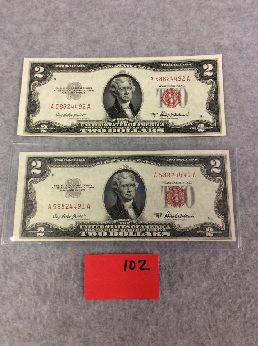 Lot of 2: Series 1953A(2) Two Dollar Bill Red Seal: Lot of 2: Series 1953A(2) Two Dollar Bill Red Seal