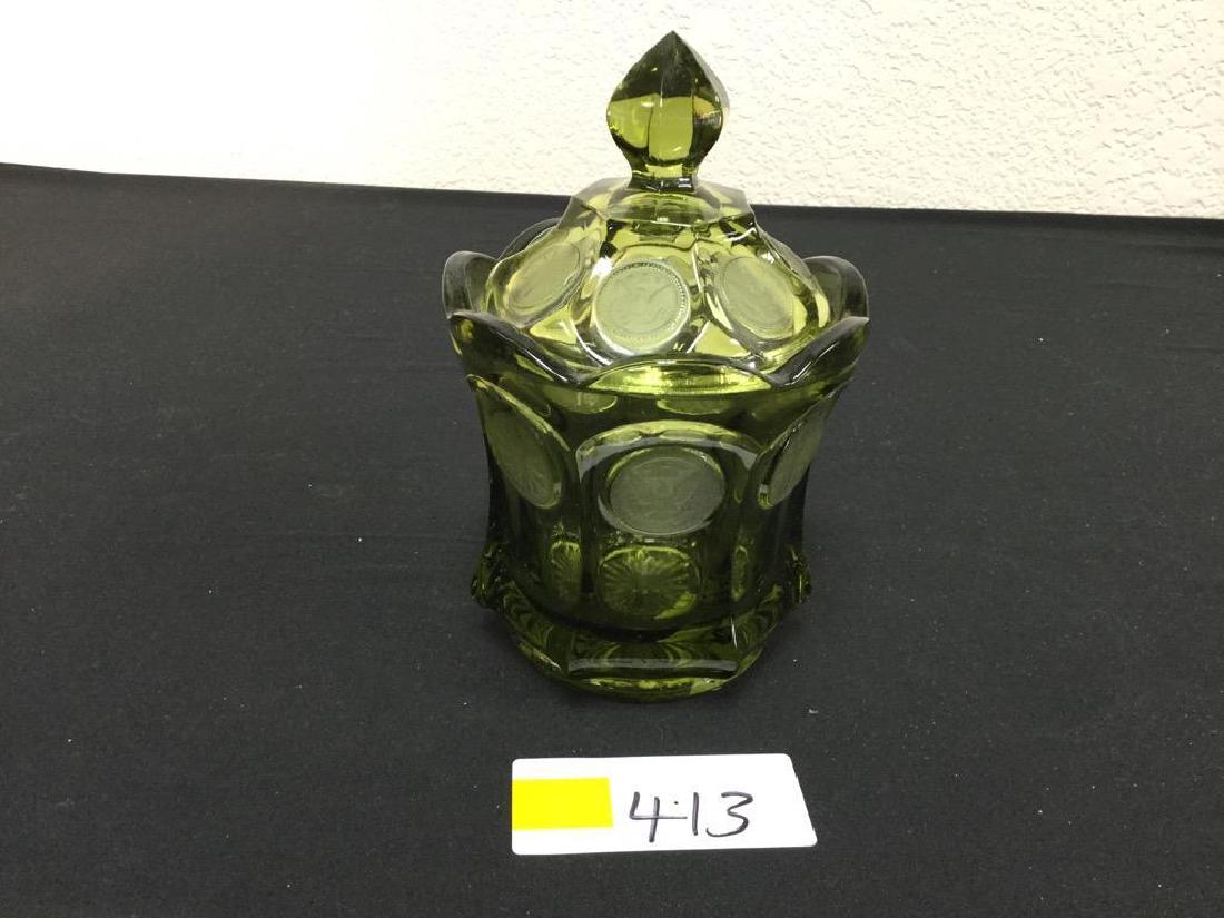 Vintage "OLIVE GREEN" COIN GLASS Sugar Jar with Lid. 2 (1 of 6)