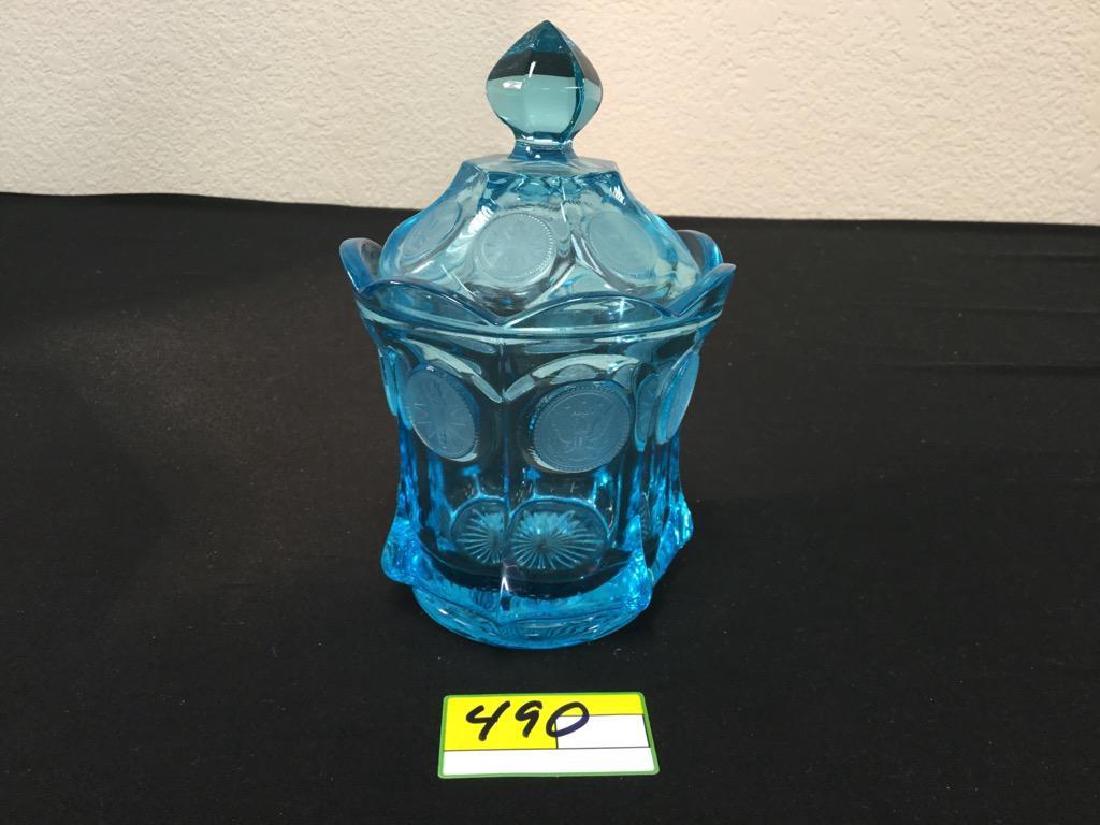 VINTAGE FOSTORIA COIN GLASS "BLUE" CANDY JAR WITH (1 of 4)
