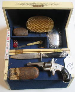 1800's Colt: Ca. 1800's Ladies Colt gun set, cellulite "cash register" box, SN.45169, includes dice, 2 brushes, glasses with case, knife,