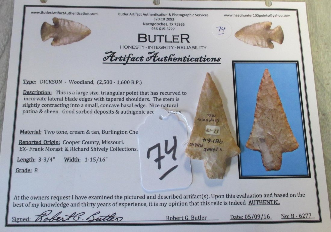 3 3/4" Dickson: 3 3/4" Adena point, Cooper Co. Missouri, ex Morast and Shively, Butler COA