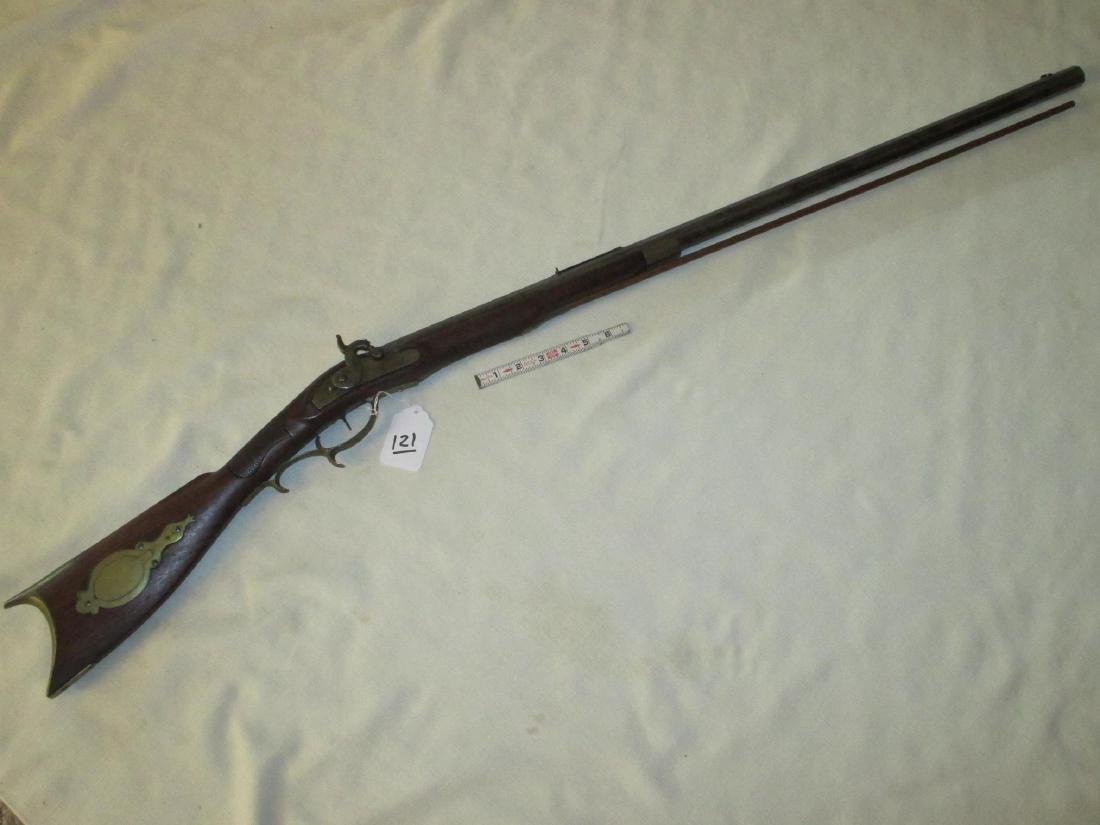Kentucky Rifle: Kentucky long gun with patch box, octagon barrel, ram rod, engraved feathers and arrows, 1800's