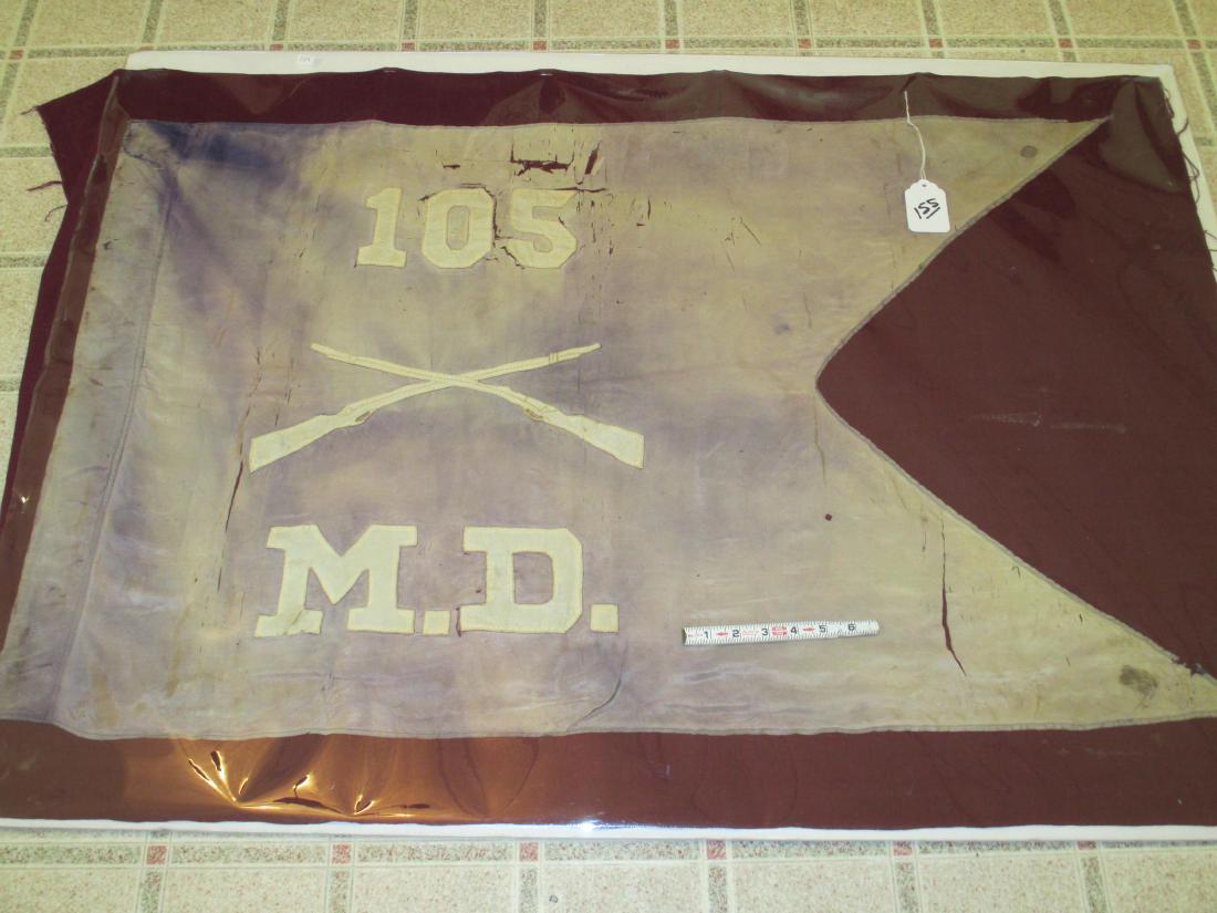 Civil War Flag: Civil War (not sure) Flag. It certainly is old enough to be or earlier than the Civil War. It is marked 105 M.D. I shows wear with torn areas. It is not stiff, Early 1800's