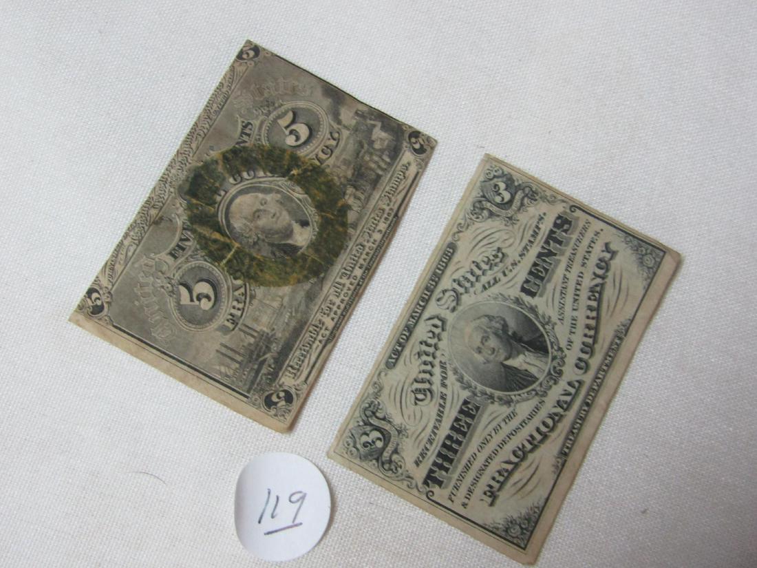 2 pc. Notes: 2 pc. Fractional currency notes, 5 and 3 cents, 1863