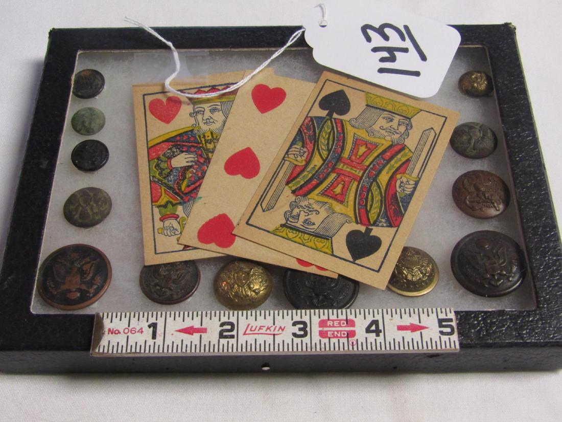 CW buttons/cards: Display with Civil War playing cards and various buttons