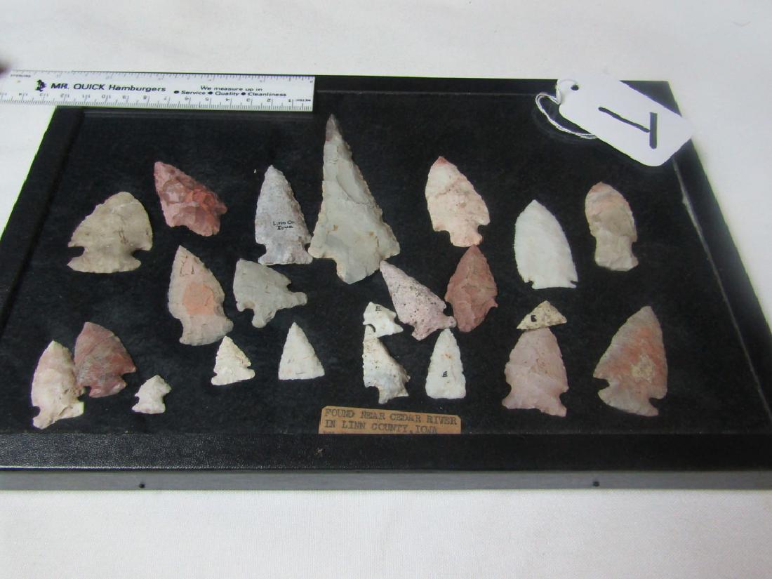 22 points: Frame with 22 flint points, Linn Co. Iowa, Cedar River,