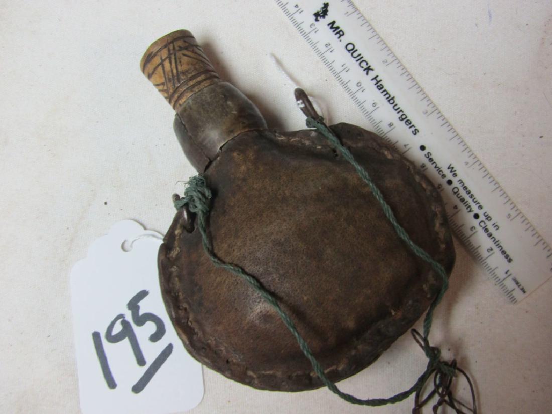 Flask: Buffalo 5.5" hide flask with horn/bone engraved measuring spout, good cond. Ca. 1860
