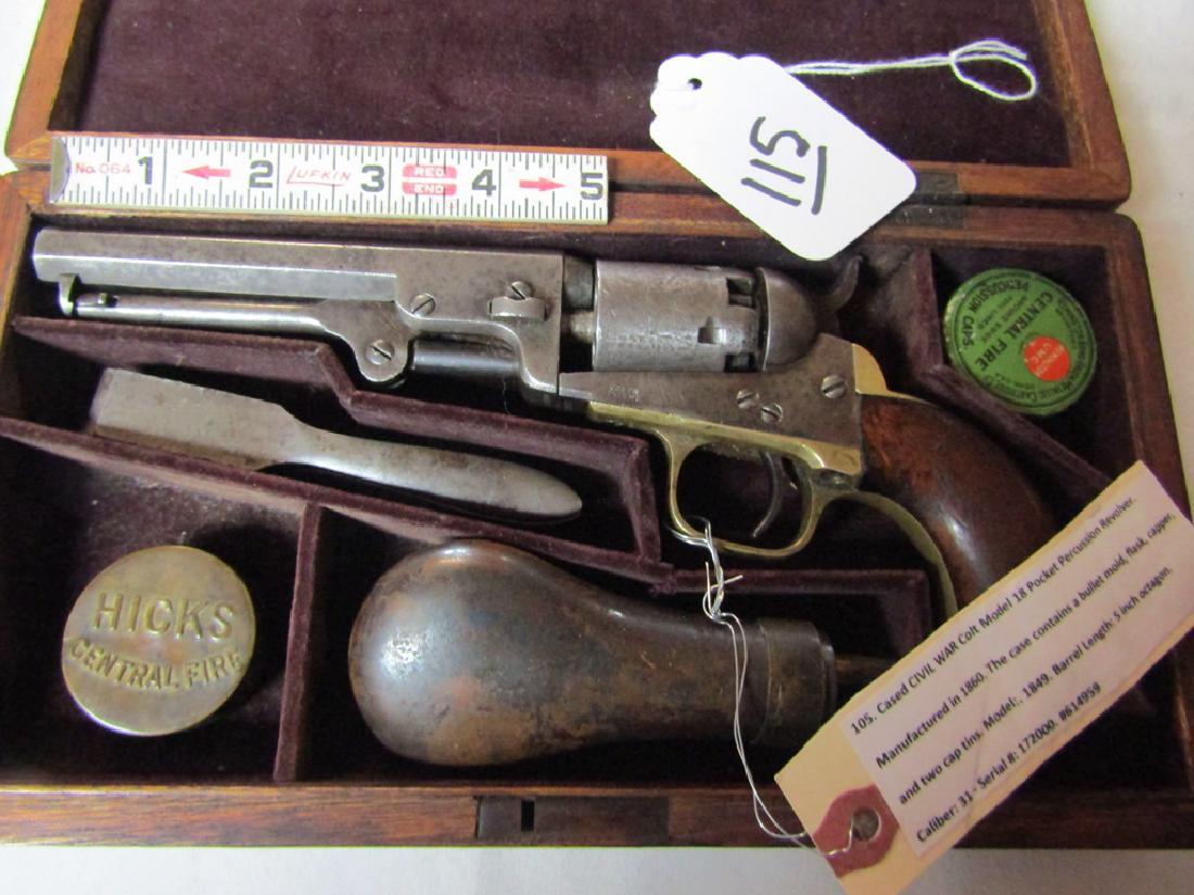 1849 Colt: 1849 Colt 31 caliber, SN. 172000, case, flask, caps, mold
