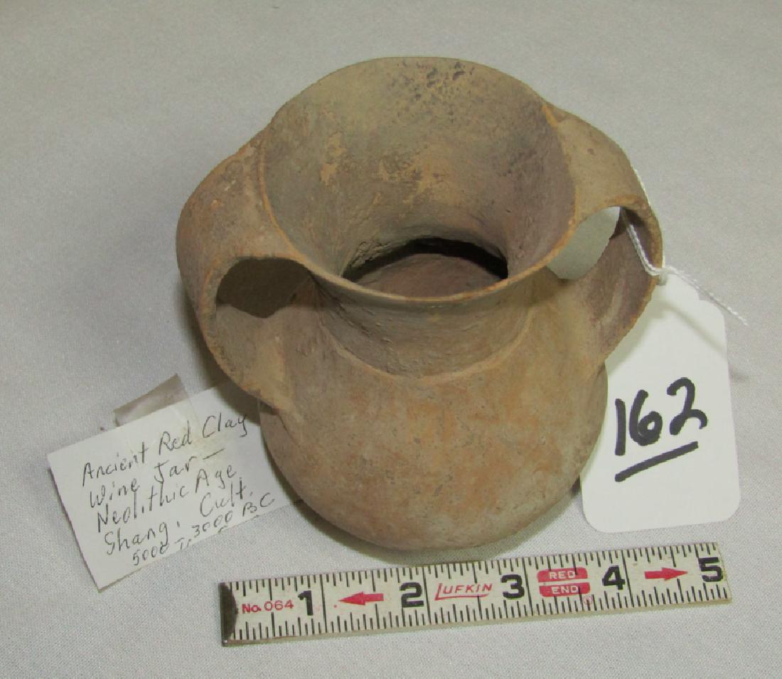 Ancient jar: Chinese culture redware handled 4 1/2" jar, Shang Culture, 3000 - 5000 BC