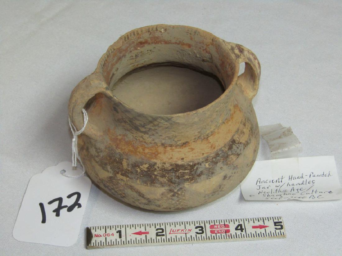 Chinese vessel: Chinese culture redware vessel, one handle restored, 3000-5000 BC