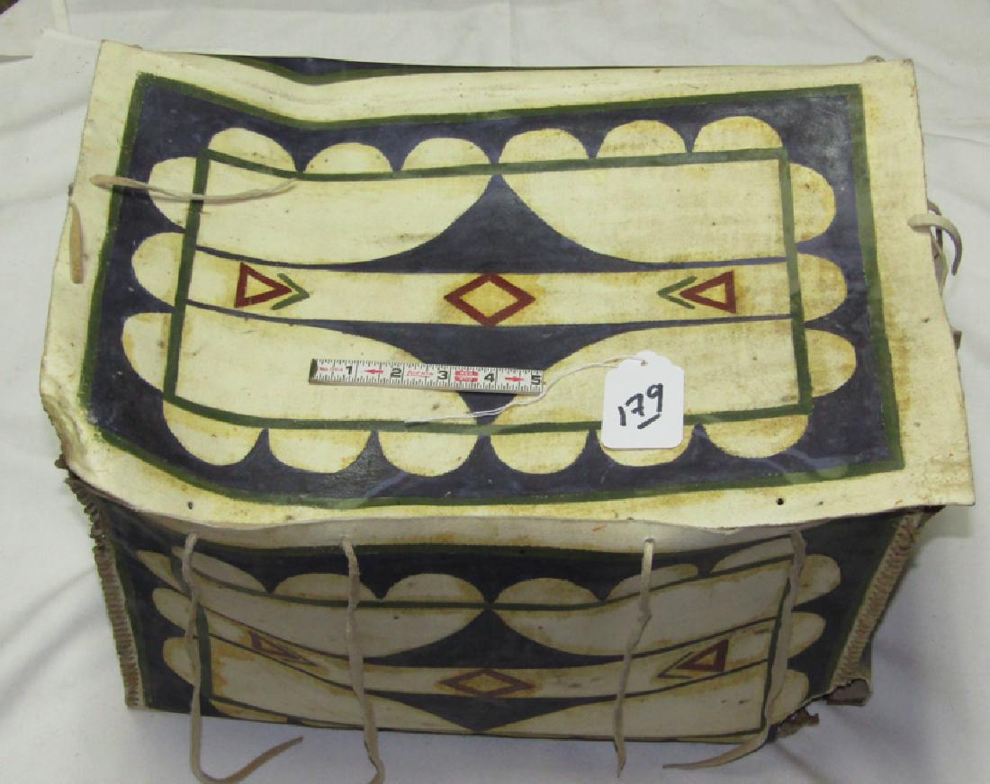 Rawhide box: N. Plains painted rawhide box, 18" x 12" x 12", hole in corner