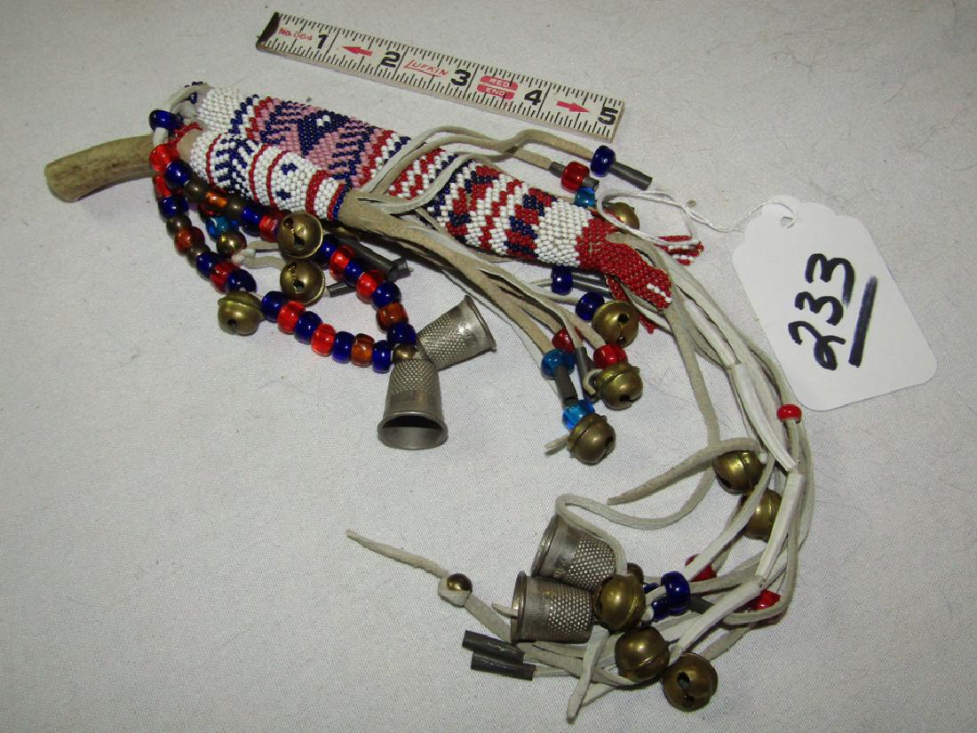 Rawhide box: Comanche woman's beaded awl case, bells, thimble, good cond. Early 20th