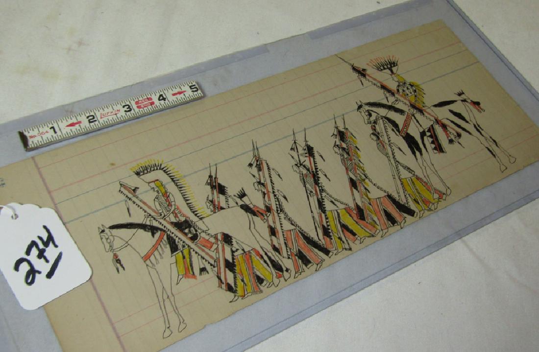 Ledger drawing: Ledger drawing, 6" x 15", Indians, 20th. Century