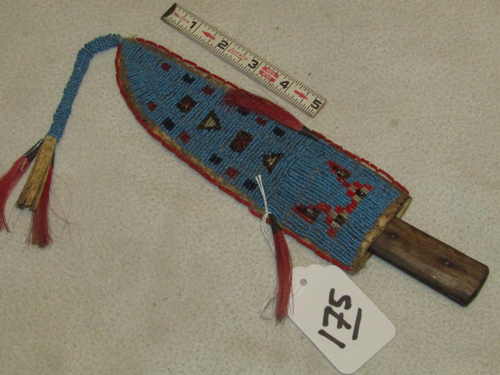 Knife case: Plains 9" bead knife case plus tassel with knife, cones, sinew sewn, Good cond
