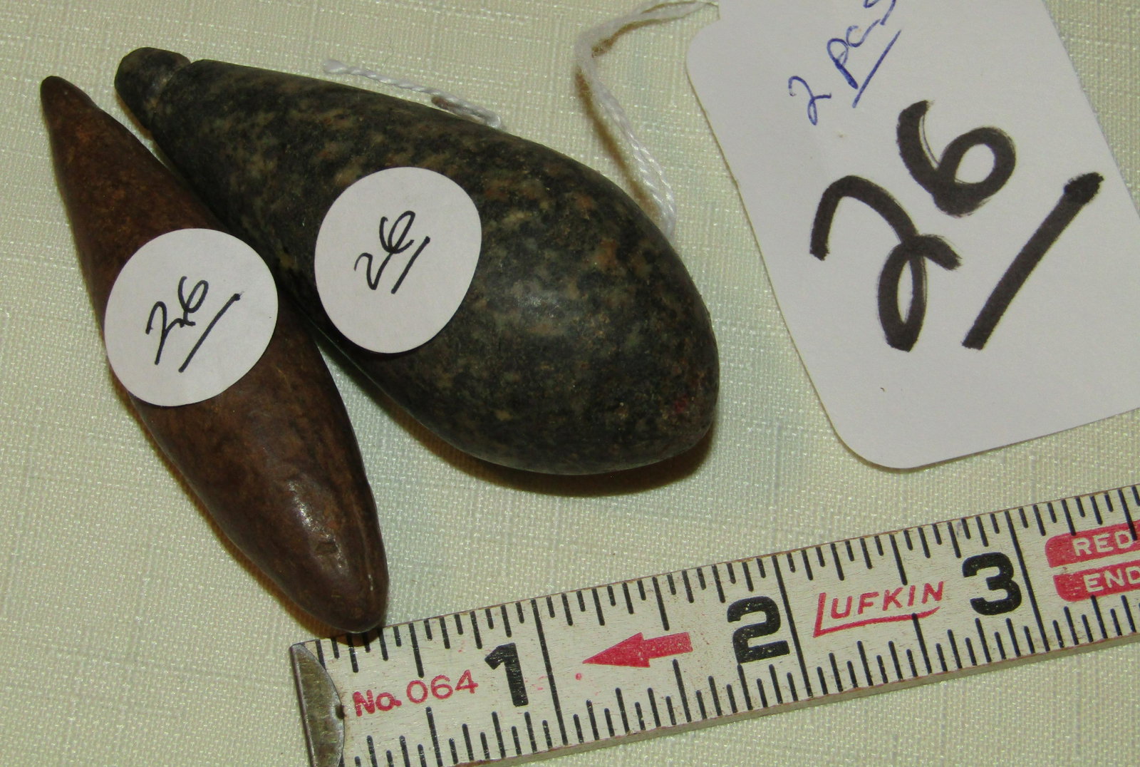 2 plummets: Bag with 2 3" plummets, Pike Co. Illinois