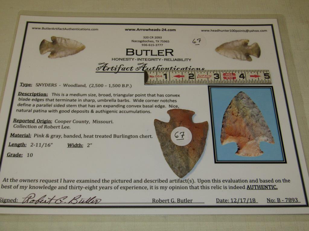 Snyders point: 2 11/16" Snyders point, Cooper Co. Missouri with Butler COA