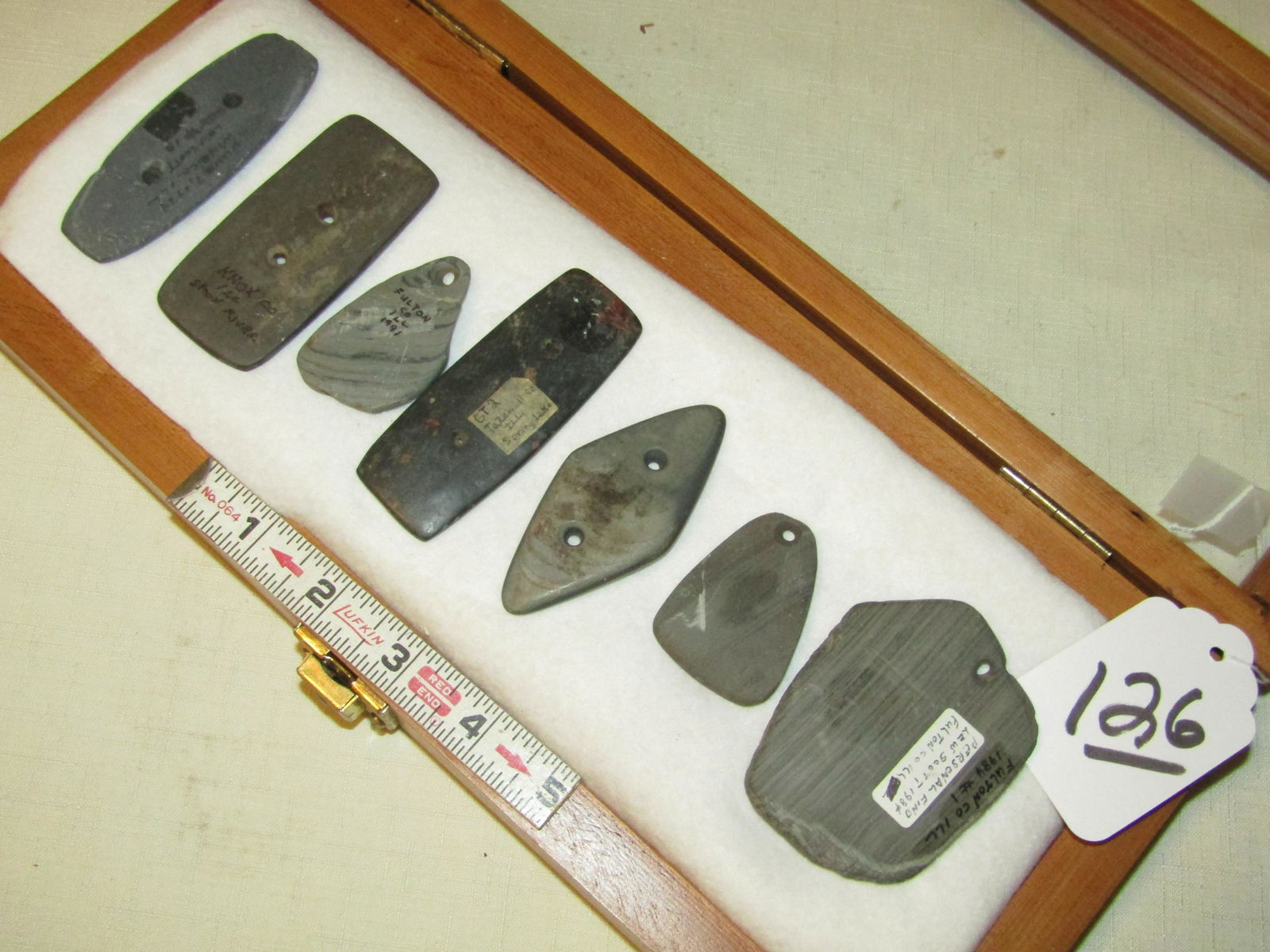 7 pc. gorgets: Wood case with 7 pc. gorgets and pendants, very nice collection, ex. L Scott