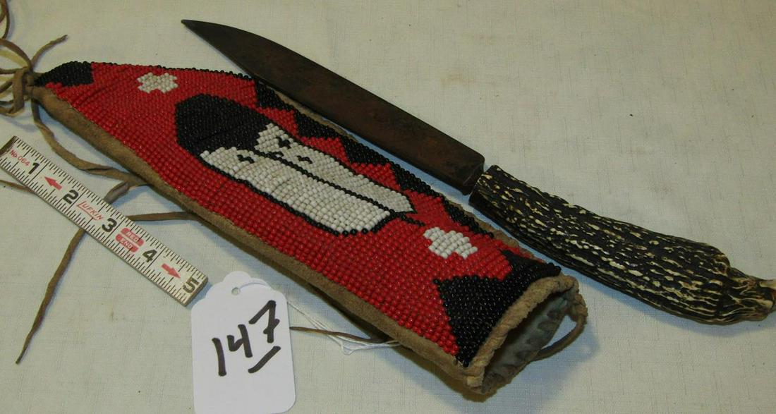 Knife case: Large contemporary beaded knife case with antler handled knife, good condition