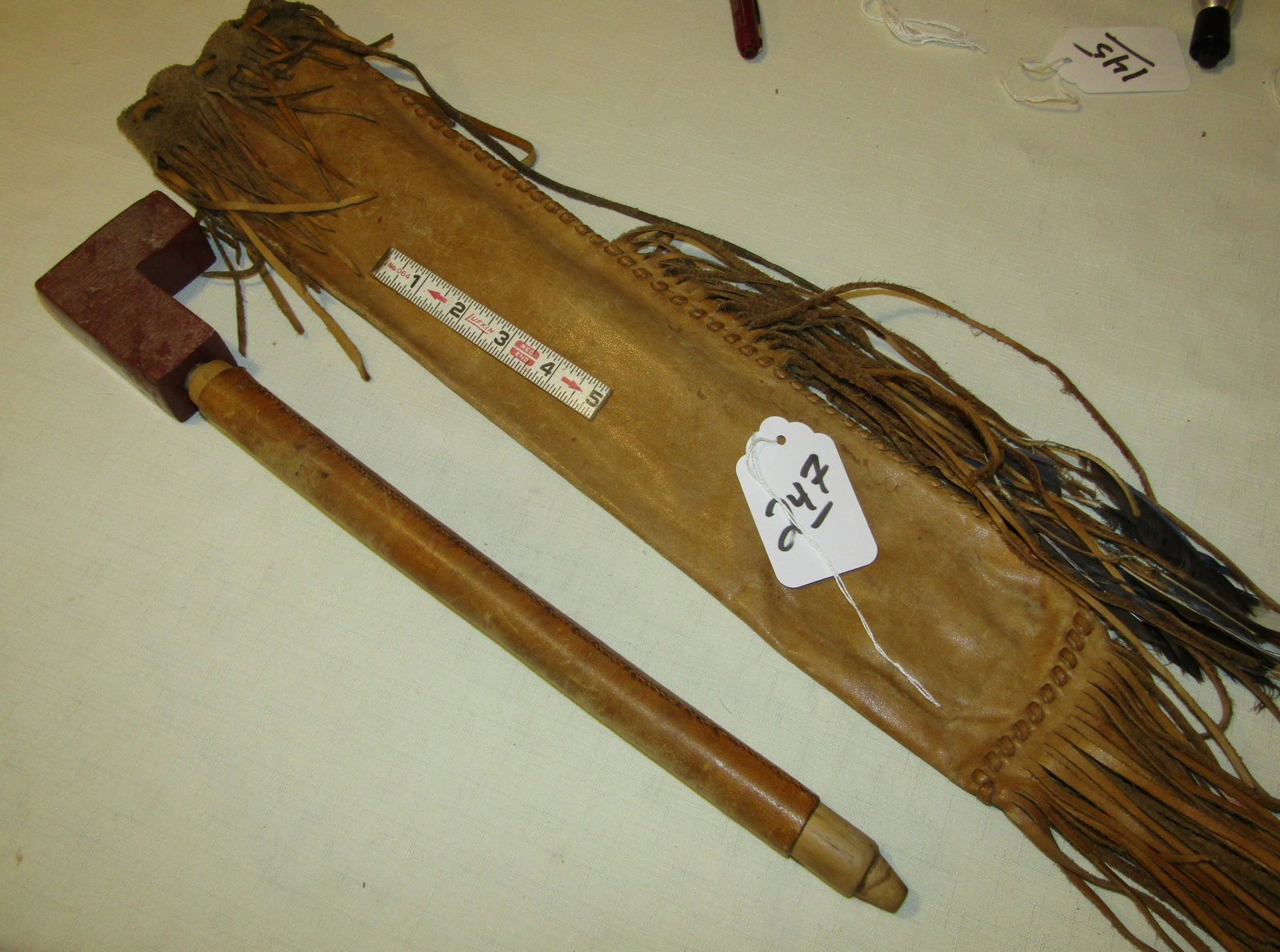 Plains pipe: Plains 3 1/4" catlinite pipe bowl (glue repair) with 24" hide wrapped stem and pipe bag, good cond. early 20th