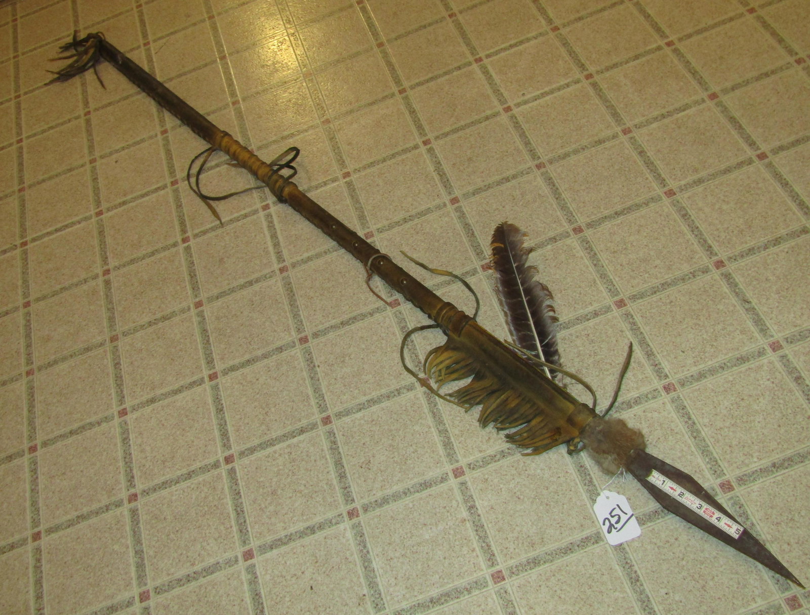 Spear: Contemporary Indian art spear, 66", beadwork, feathers, hide wrapped handle, good cond