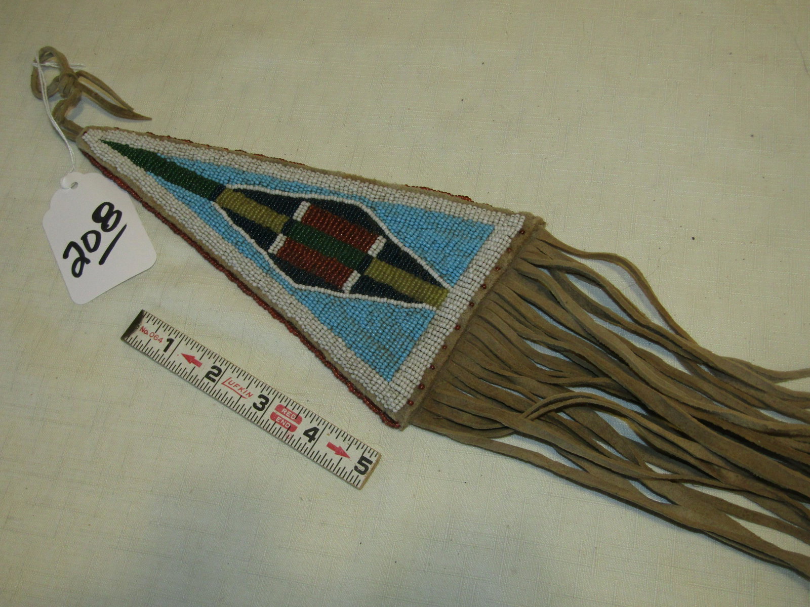 Crow bead: Crow 16" hide beaded pipe tomahawk or war club drop, siinew sewn, Good cond. 19th. Century