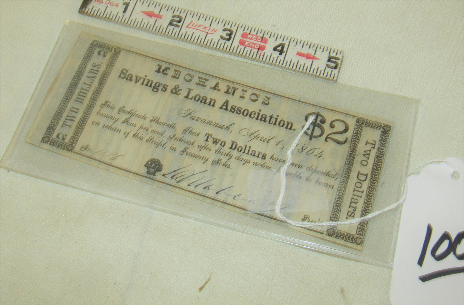 1864 note: 1864 Savannah Savings and Loan $2 note