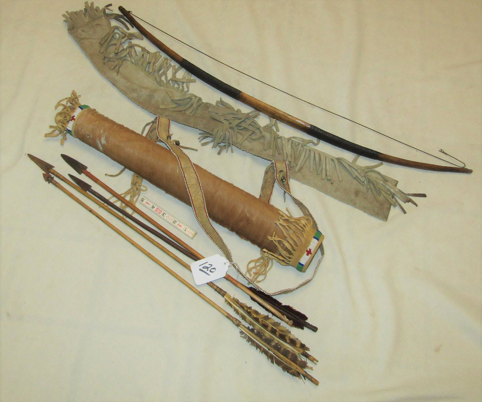 Bow/Quiver: Plains hide 32" hide bow case with bow and beaded 23" hide quiver with 4 arrows, bead shoulder strap, sinew sewn, Good cond