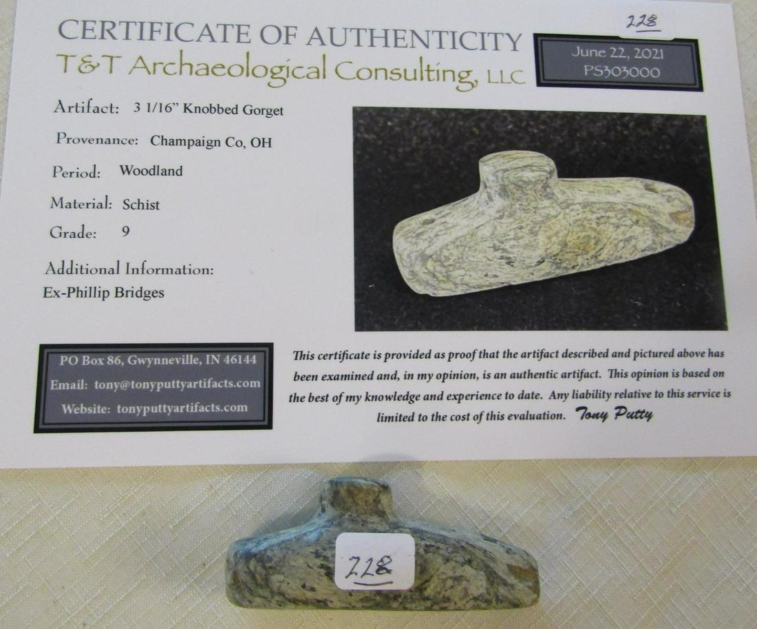 Gorget: 3 1/16" knobed gorget, Champaign Co. Ohio, Putty COA