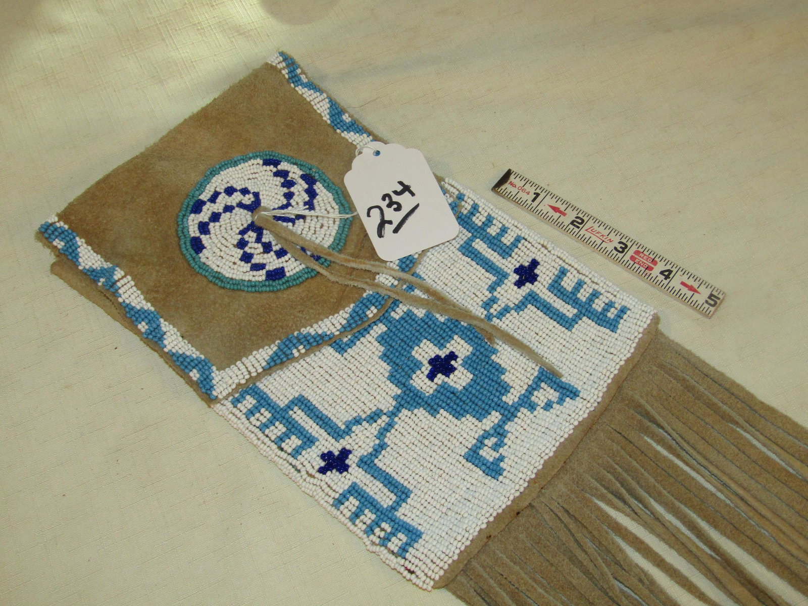 Flap pouch: Plains 18} x 7" beaded flap pouch with long fringe and belt loop, sinew sewn,VG cond