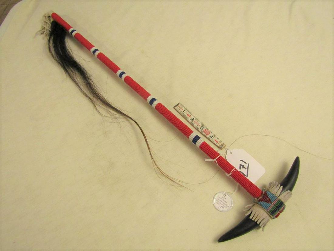 Sioux fully beaded ceremonial buffalo horn coup stick, horsehair drop, Good cond (1 of 3)