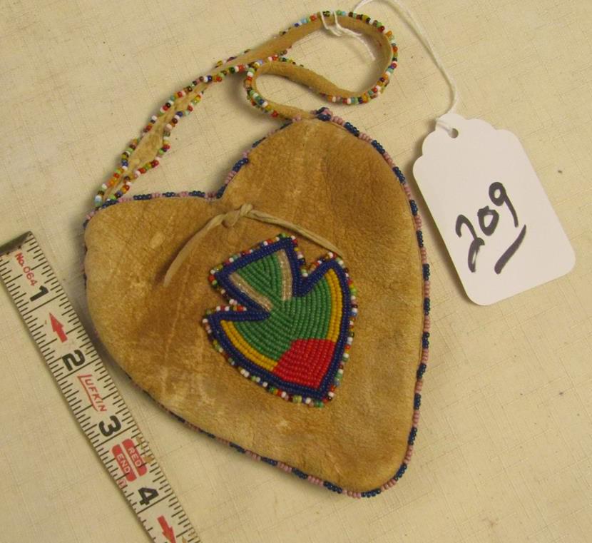 Plains heart shape hide beaded pouch, 5" with bead handle, good cond (1 of 2)