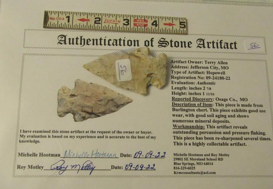 COA Hopewell: 2 7/8" Hopewell point Osage co. Missouri, Motley COA