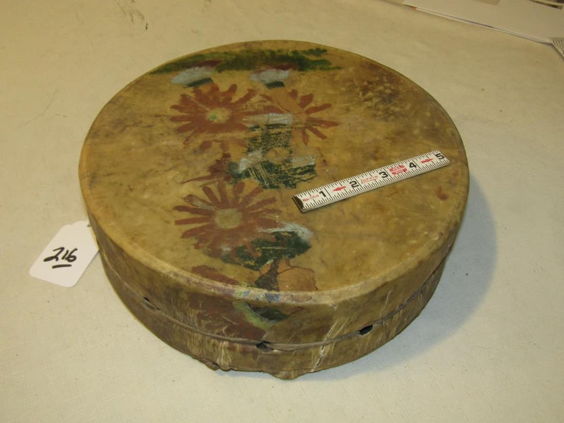 Drum: Chippewa 3 1/2" x 12" painted hand drum, good 1900