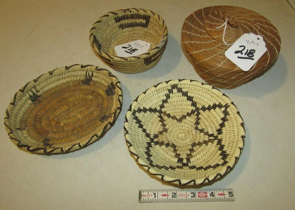 4 baskets: 3 Papago baskets, and pine needle, 1940 to modern