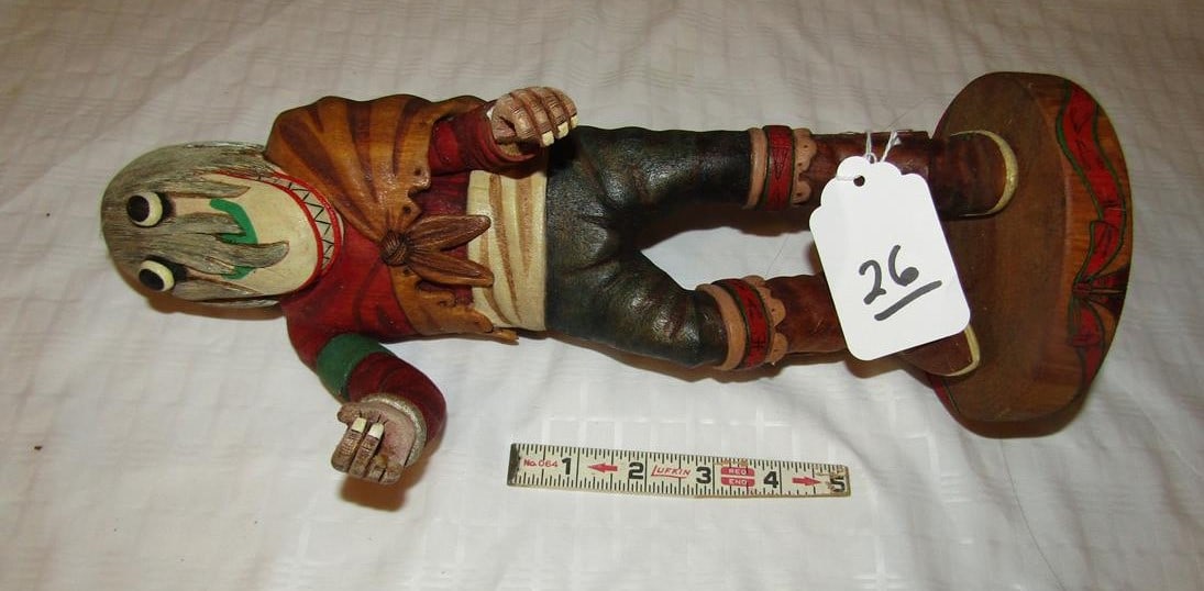 Doll: Hopi 13 1/2" wood carved Kachina doll, pipe maker stamped, signed, a few minor broken pcs.