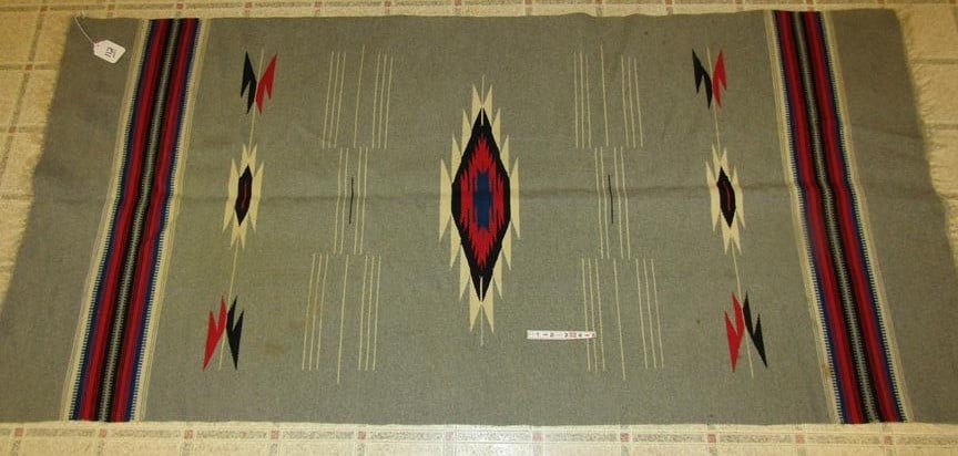 Blanket: Chimayo wearing blanket, 90" x 34", some stains, good cond. Ca.1940