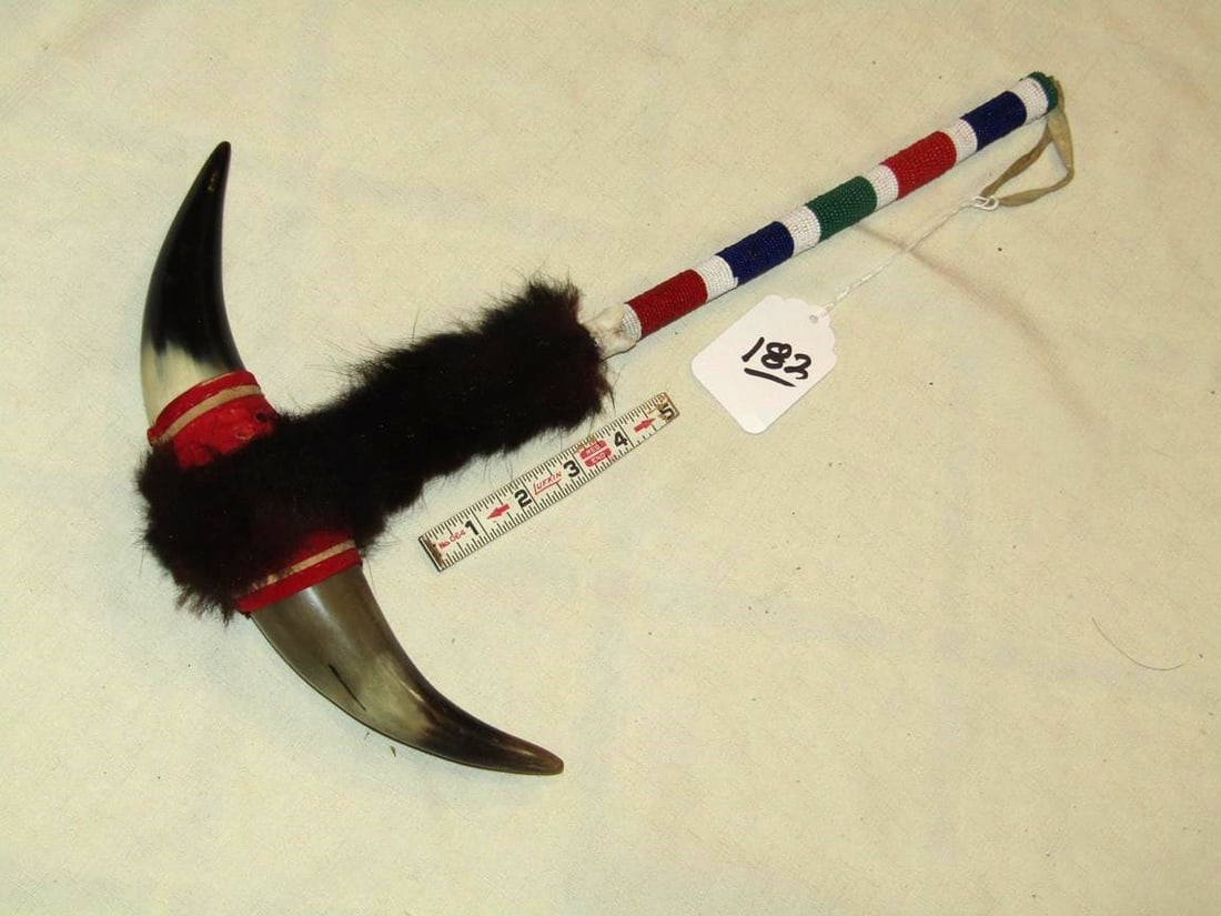 Dance pc: Plains Buffalo horn dance pc. Buffalo fur, sinew sewn, very good cond. Ca. 1940