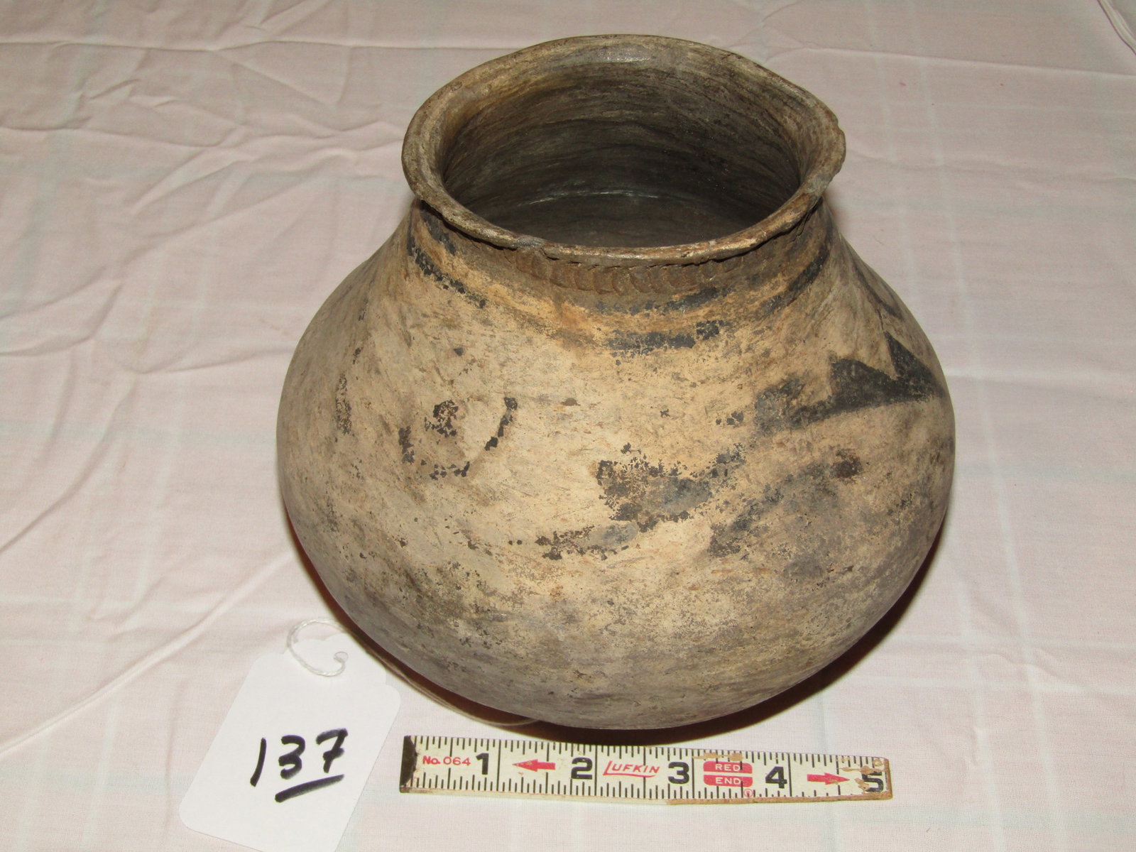 Jar: Pre-historic 6 1/2" painted jar, rim chip,