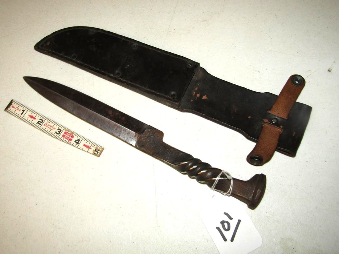 Knife: 12" railroad spike knife with leather sheath