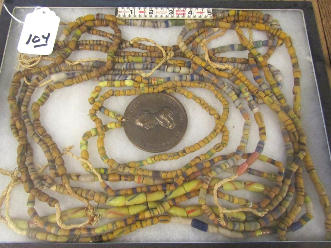 Medal: Large display with James Polk 1845 style peace medal and 10 strands of trade beads, questionable authenticiy
