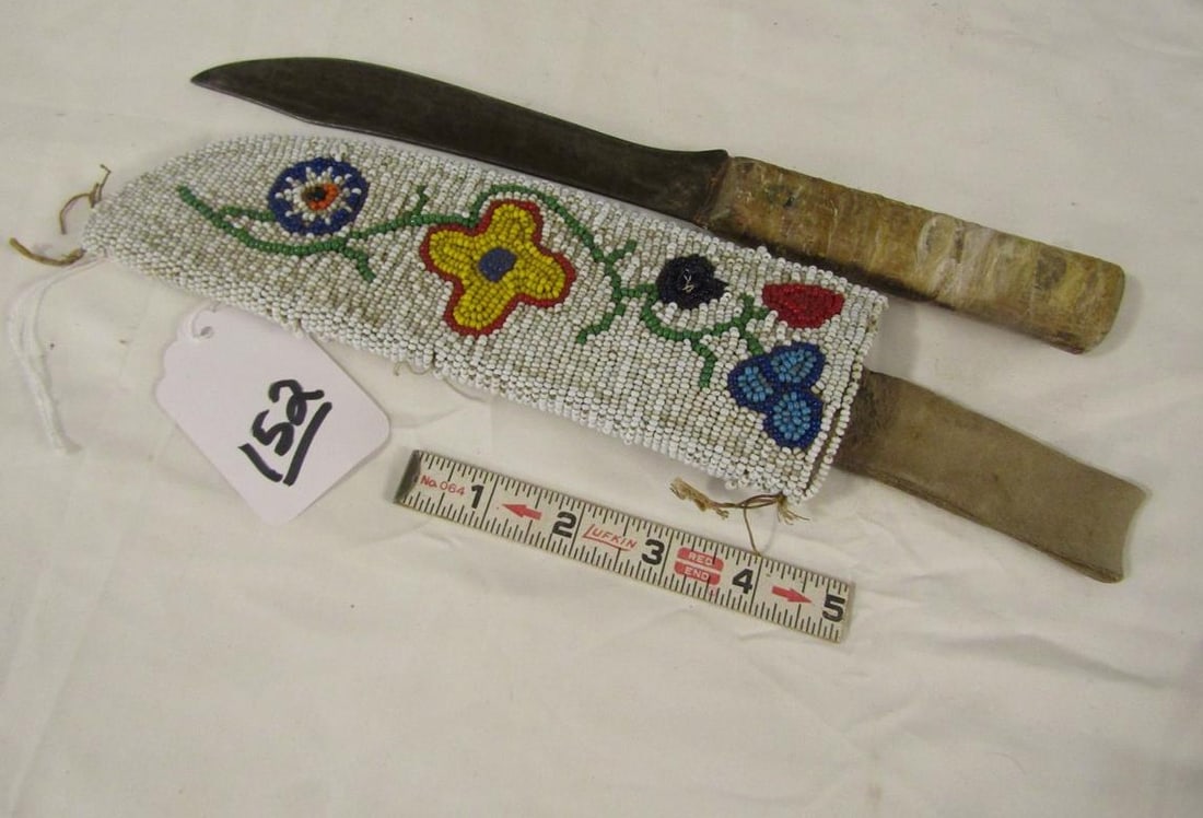 Knife case: Pottawatomie 9" beaded knife case with knife, basically good cond. Ca.1920