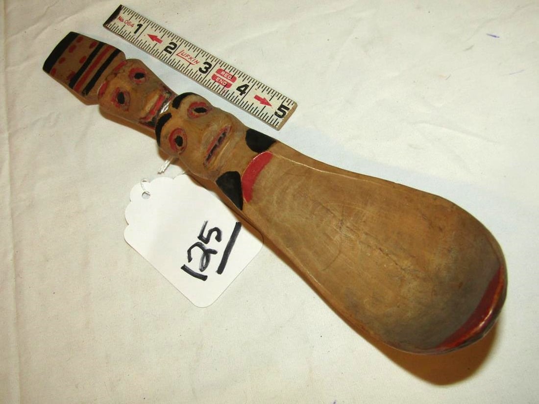 Ladle: 11" Northwest coast carved and painted ladle, good cond, ca.1900