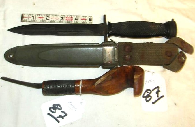 Bayonet & knife: 11 1/2" unmarked bayonet with sheath and 9" wood carving knife