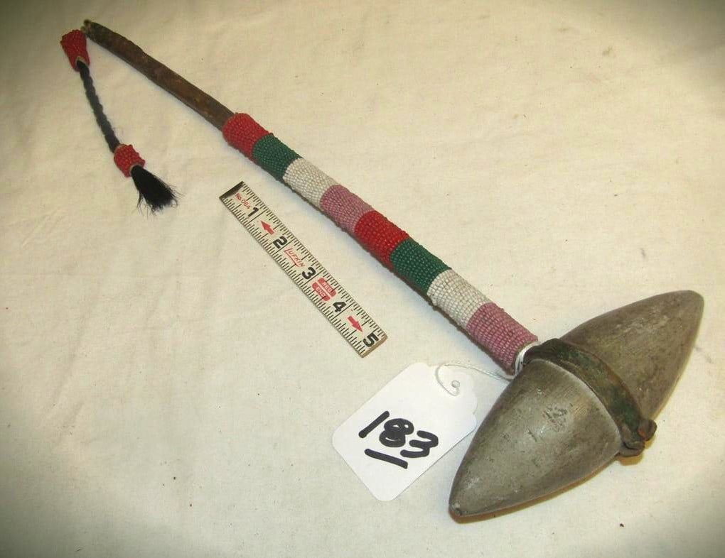 Club: Plains 22" including human hair tassel, 5 3/4" strone head, beaded sinew sewn handle, good cond