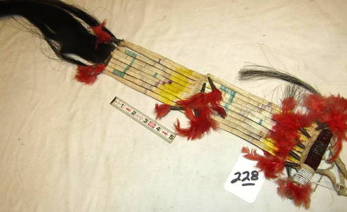 Hair drop: Cheyenne quilled hair drop, beadwork, Buffalo horse hair, cones, 33" including horse hair tassel,
