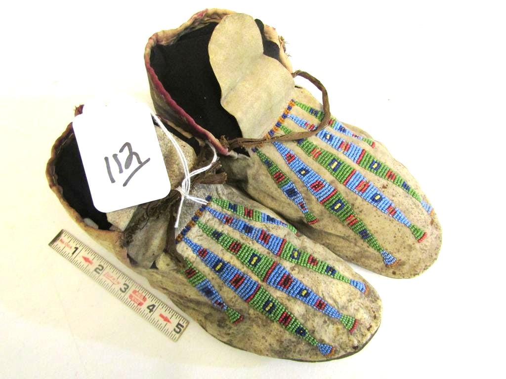 Moccasins: Sioux 10" beaded moccasins, sinew sewn with info, good cond
